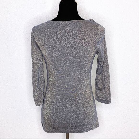 Anthropologie Deletta gray metallic top shoulder cutout and bow size Small - Picture 11 of 11